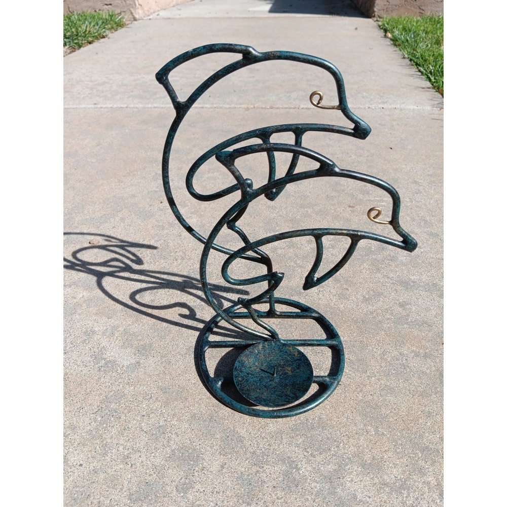 Dolphin Metal Candle Holder Modern Line Metal Art Blue & Brassy Tones Minimalist